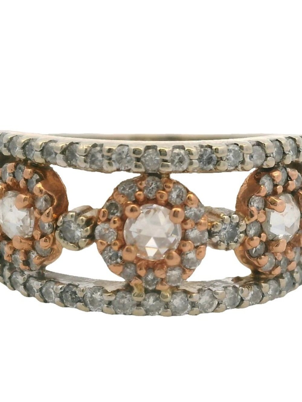 EFFY 14kt White Rose Gold Rose Cut and Round Cut Diamond Halo Cluster Ring Sz 7